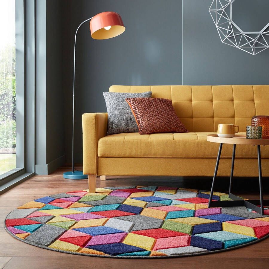 Flycarpets Rond Kleurrijk Vloerkleed Dynamic Laagpolig Geometrisch Multi 160x160 cm