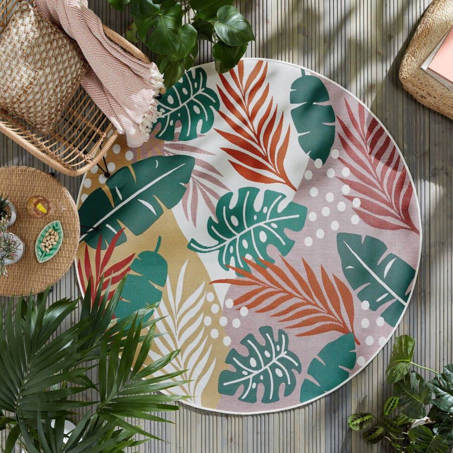 Flycarpets Rond Modern Vloerkleed Hawaii Buitenkleed Leaf Coral 160x160 cm