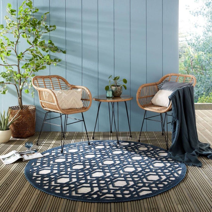 Flycarpets Rond Modern Vloerkleed Oro Laagpolig Binnen & Buitenkleed Blauw 160x160 cm