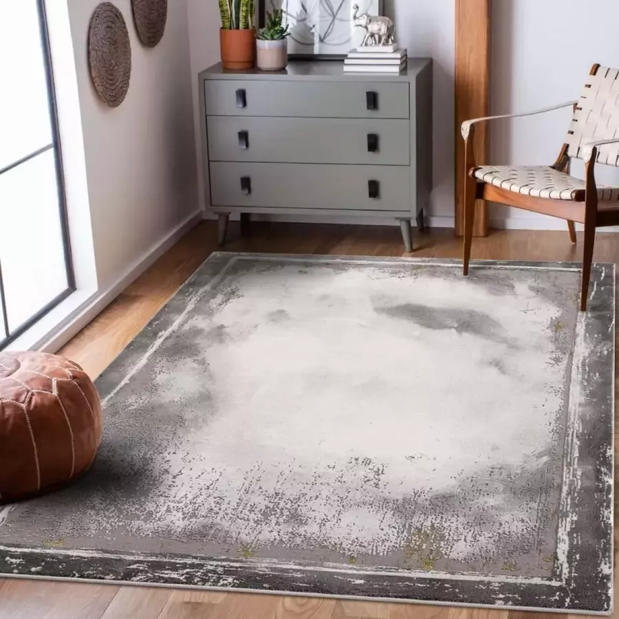 Flycarpets Rosalia Modern Kader Vloerkleed Grijs Goud 80x300 cm Loper voor in de gang - Foto 4