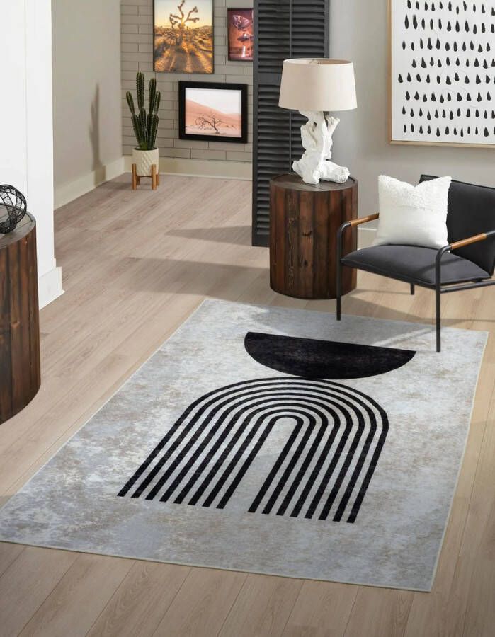 Flycarpets Ruby Wasbaar Modern Vloerkleed Crème Zwart Laagpolig 160x230 cm