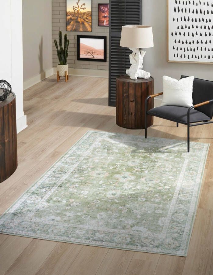 flycarpets Ruby Wasbaar Vloerkleed Vintage Groen Beige Laagpolig 200 x 300 cm