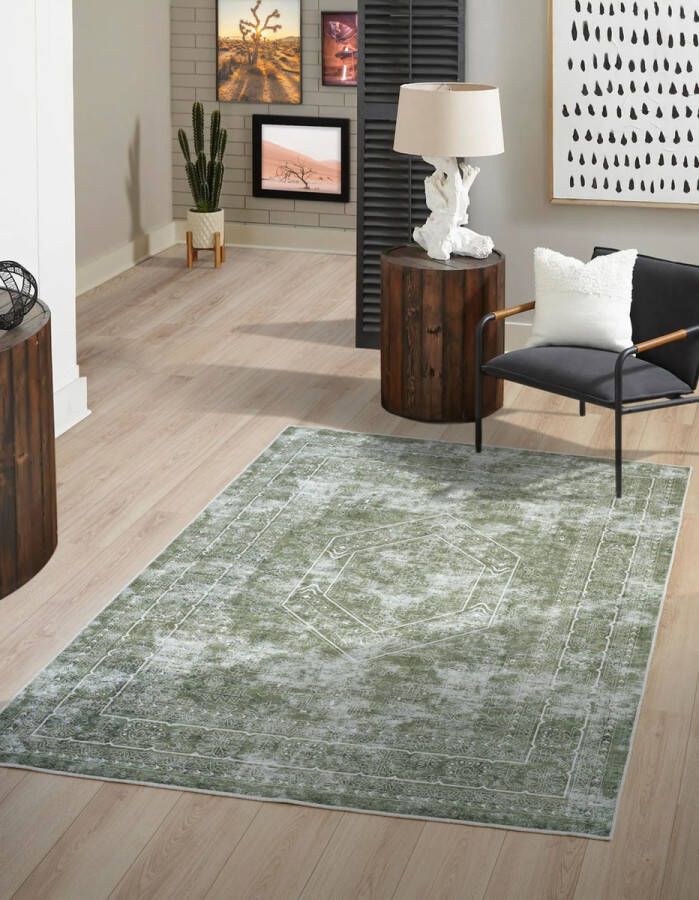 flycarpets Ruby Wasbaar Vloerkleed Vintage Groen Crème Laagpolig 160x230 cm