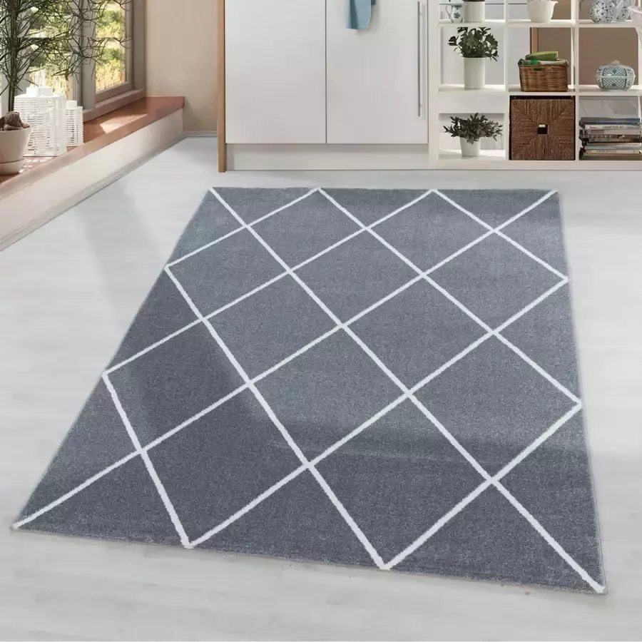 Flycarpets Sara Modern Grijs Vloerkleed Geruit Laagpolig Tapijt Voor binnen -120x170 cm