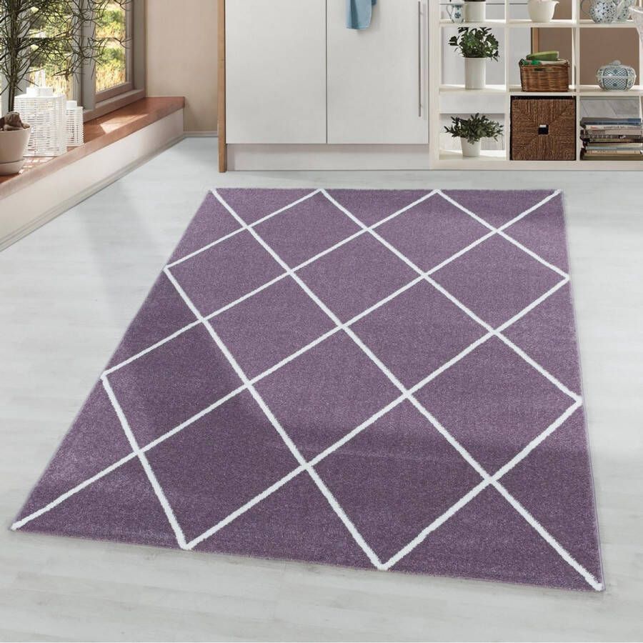 flycarpets Sara Modern Paars Vloerkleed Geruit Laagpolig Tapijt Voor binnen -140x200 cm