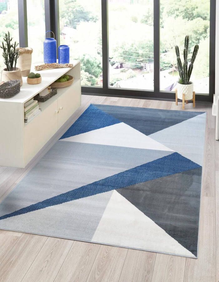 flycarpets Sarande Modern Grijs Blauw Vloerkleed Geo Laagpolig Tapijt Voor binnen 120x170 cm