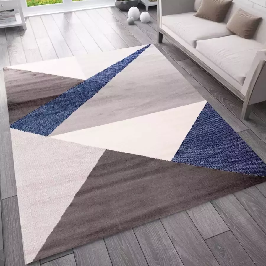 flycarpets Sarande Modern Grijs Blauw Vloerkleed Geo Laagpolig Tapijt Voor binnen -120x170 cm