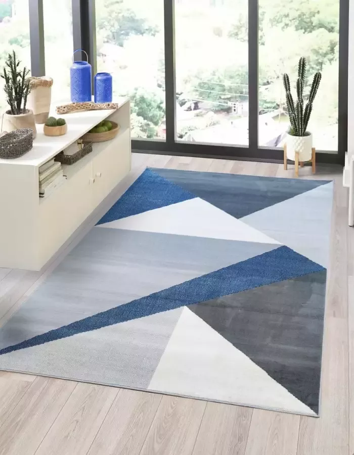 Flycarpets Sarande Modern Grijs Blauw Vloerkleed Geo Laagpolig Tapijt Voor binnen -120x170 cm