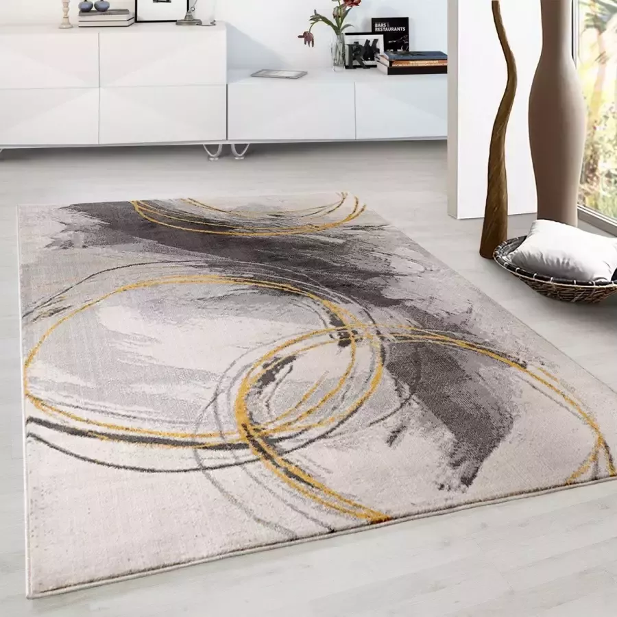 flycarpets Sarande Modern Grijs Geel Vloerkleed Cirkels Laagpolig Tapijt Voor binnen -160x220 cm