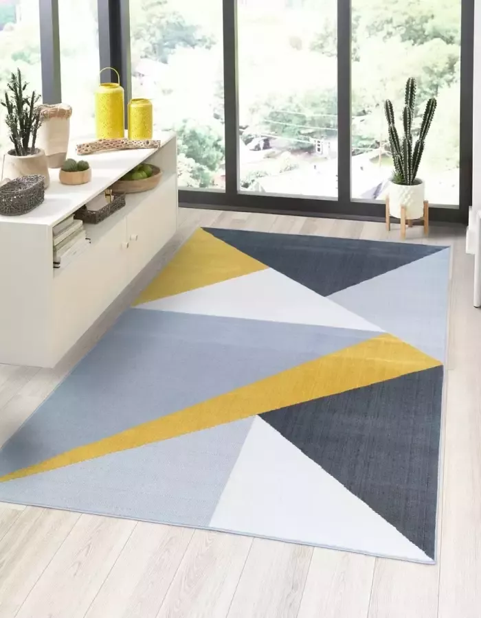 Flycarpets Sarande Modern Grijs Geel Vloerkleed Geo Laagpolig Tapijt Voor binnen 120x170 cm - Foto 1