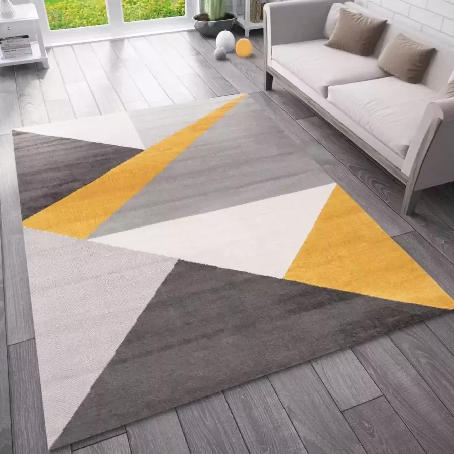 flycarpets Sarande Modern Grijs Geel Vloerkleed Geo Laagpolig Tapijt Voor binnen 200x290 cm