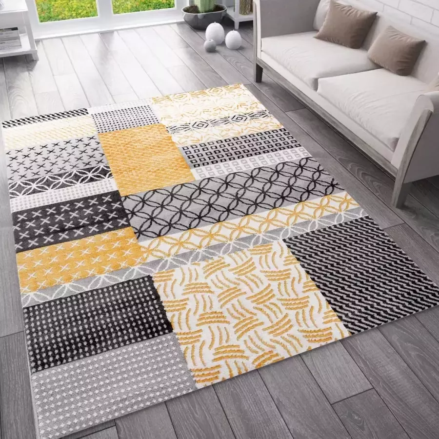 Flycarpets Sarande Modern Grijs Geel Vloerkleed Patchwork Design Laagpolig Tapijt Voor binnen -120x170 cm