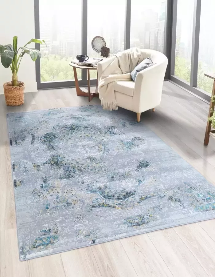 Flycarpets Sarande Vintage Grijs Geel Blauw Vloerkleed Laagpolig Tapijt Voor binnen 200x290 cm