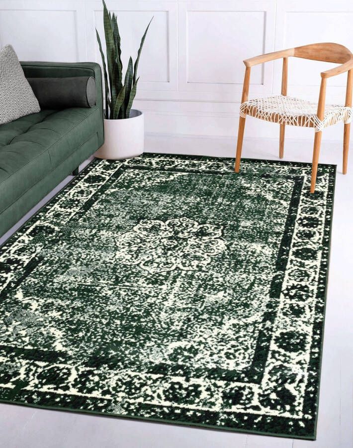 Flycarpets Sarande Vintage Medaillon Vloerkleed Groen Laagpolig Tapijt Woonkamer 120x170 cm