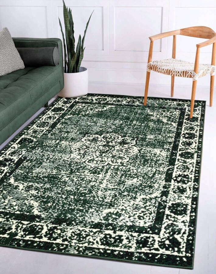 Flycarpets Sarande Vintage Medaillon Vloerkleed Groen Laagpolig Tapijt Woonkamer 240x340 cm