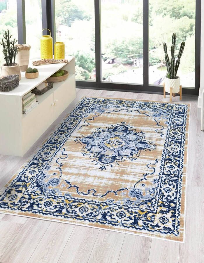 flycarpets Sarande Vloerkleed Vintage Beige Geel Blauw Laagpolig 120x170 cm