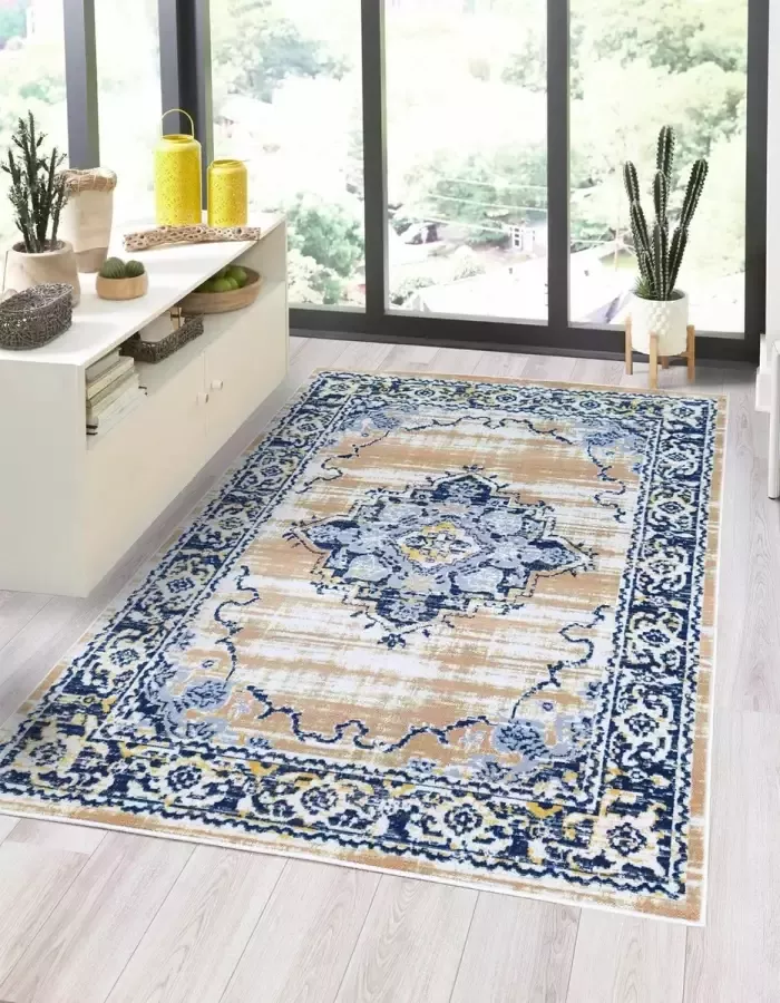 Flycarpets Sarande Vloerkleed Vintage Beige Geel Blauw Laagpolig 120x170 cm