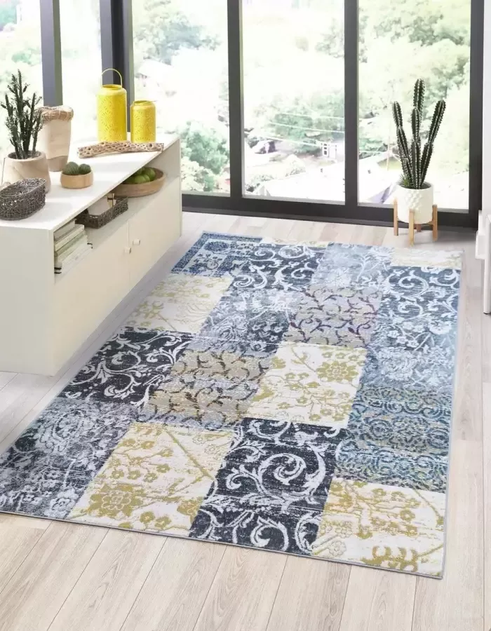 Flycarpets Sarande Vloerkleed Vintage Grijs Geel Paars Patchwork Laagpolig 80x150 cm