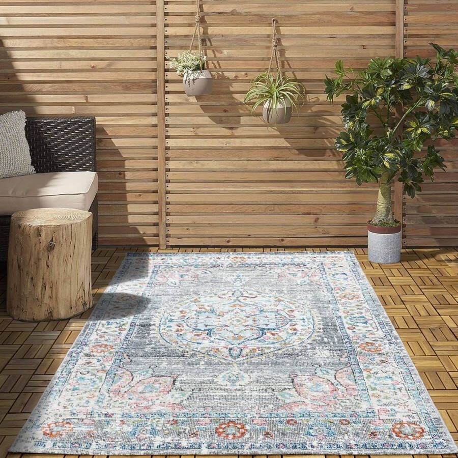 Flycarpets Sena Vintage Grijs Multi Buitenkleed Vloerkleed Buitentapijt Campingkleed Picknickkleed Tuintapijt 120x170 cm