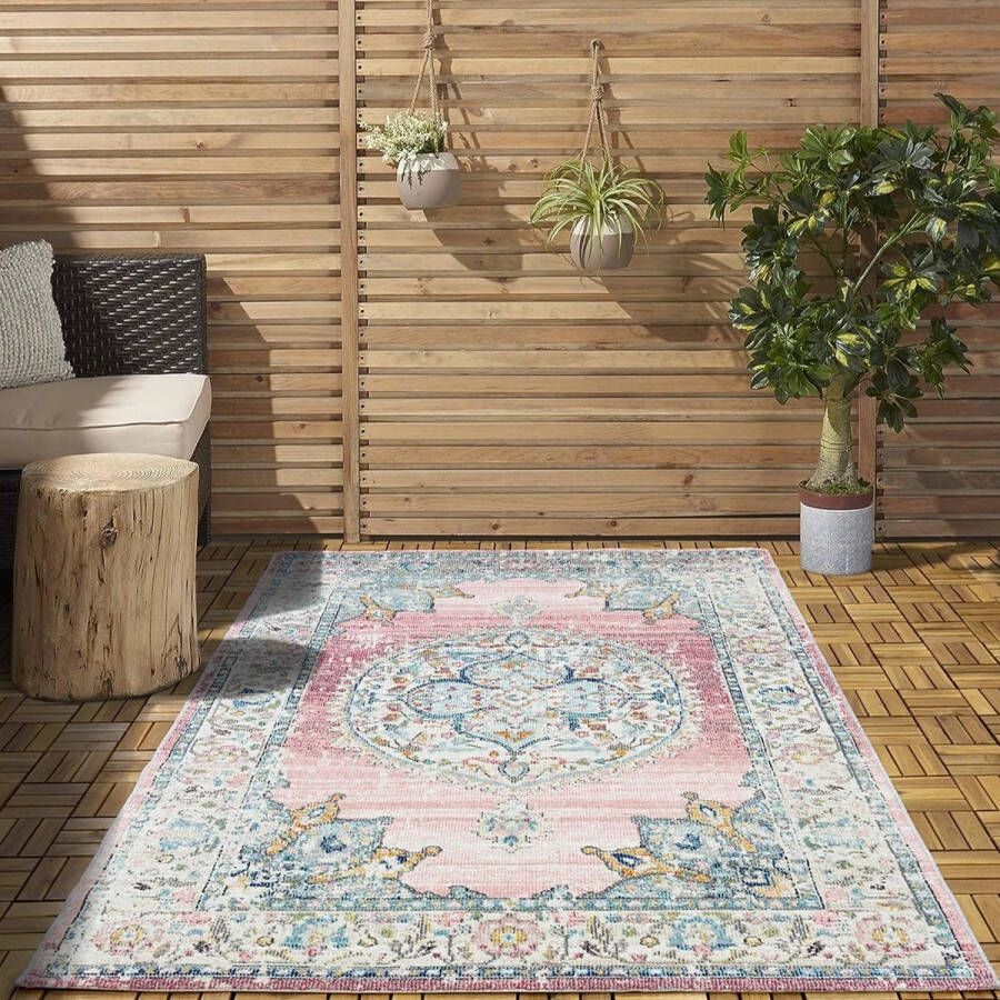 flycarpets Sena Vintage Roze Buitenkleed Vloerkleed Buitentapijt Campingkleed Picknickkleed Tuintapijt 240x340 cm