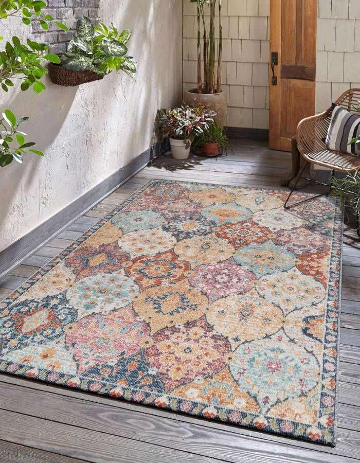 flycarpets Sena Vintage Voor Binnen & Buiten Vloerkleed Multi Kleurrijk Buitentapijt Campingkleed Picknickkleed Tuintapijt 120x170 cm