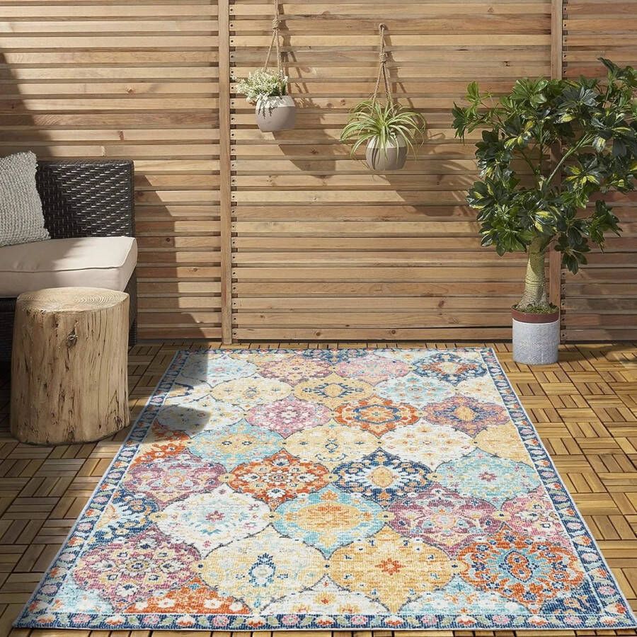 flycarpets Sena Vintage Voor Binnen & Buiten Vloerkleed Multi Kleurrijk Buitentapijt Campingkleed Picknickkleed Tuintapijt 120x170 cm