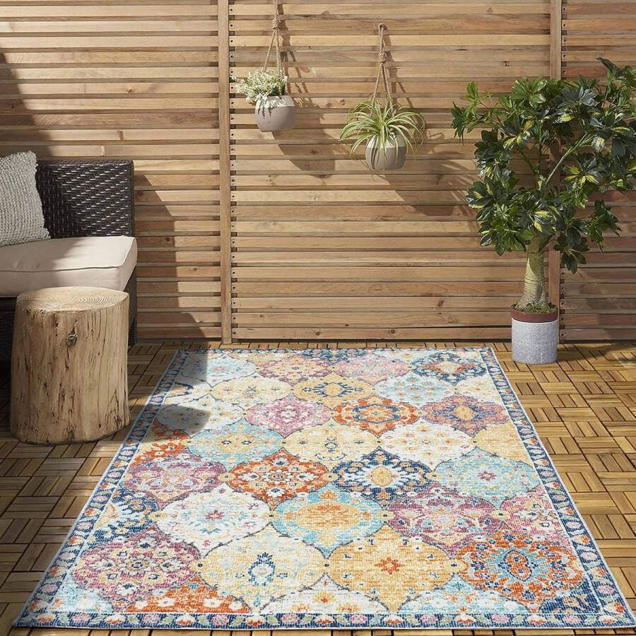 Flycarpets Sena Buitenkleed Vintage Voor Binnen & Buiten Vloerkleed Multi Kleurrijk Buitentapijt Campingkleed Picknickkleed Tuintapijt 160x230 cm