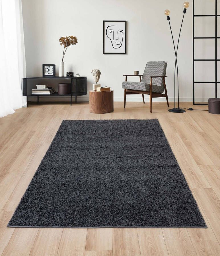 Flycarpets Sida Hoogpolig & Wasbaar Effen Vloerkleed Antraciet 80x150 cm