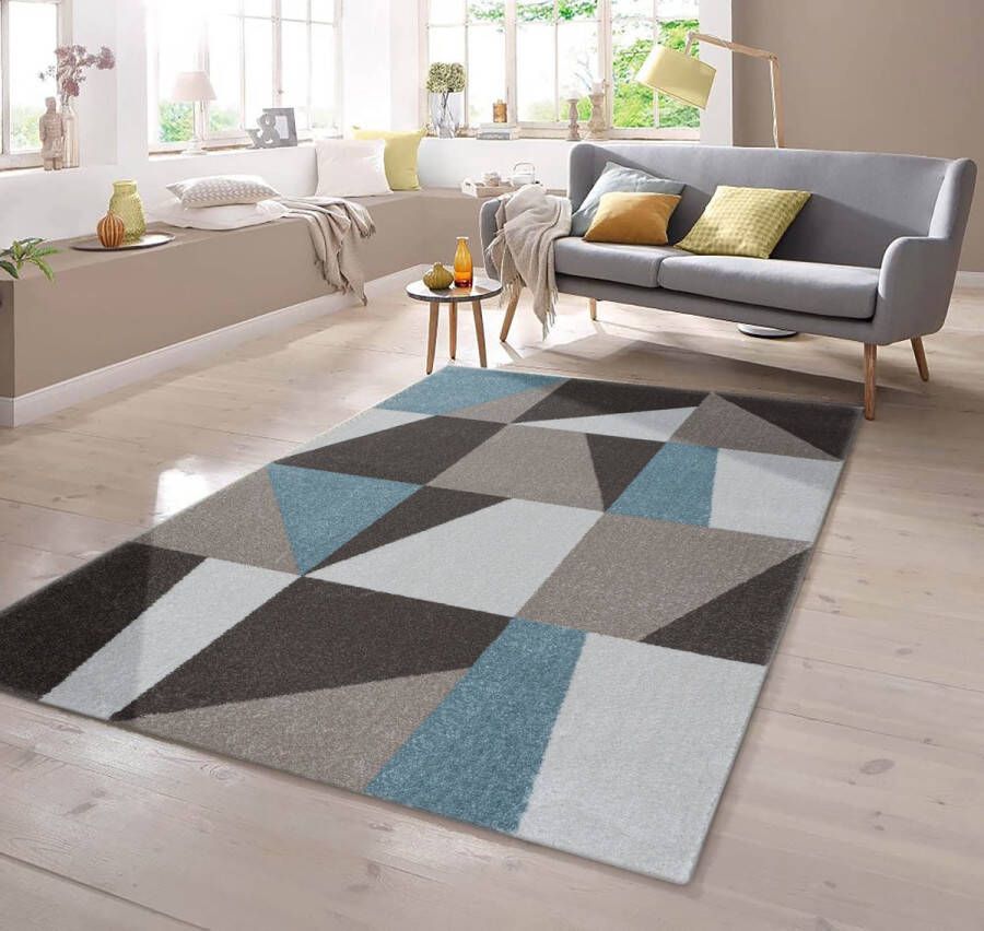 flycarpets Silas Vloerkleed Blauw Bruin Crème Laagpolig 140x200 cm