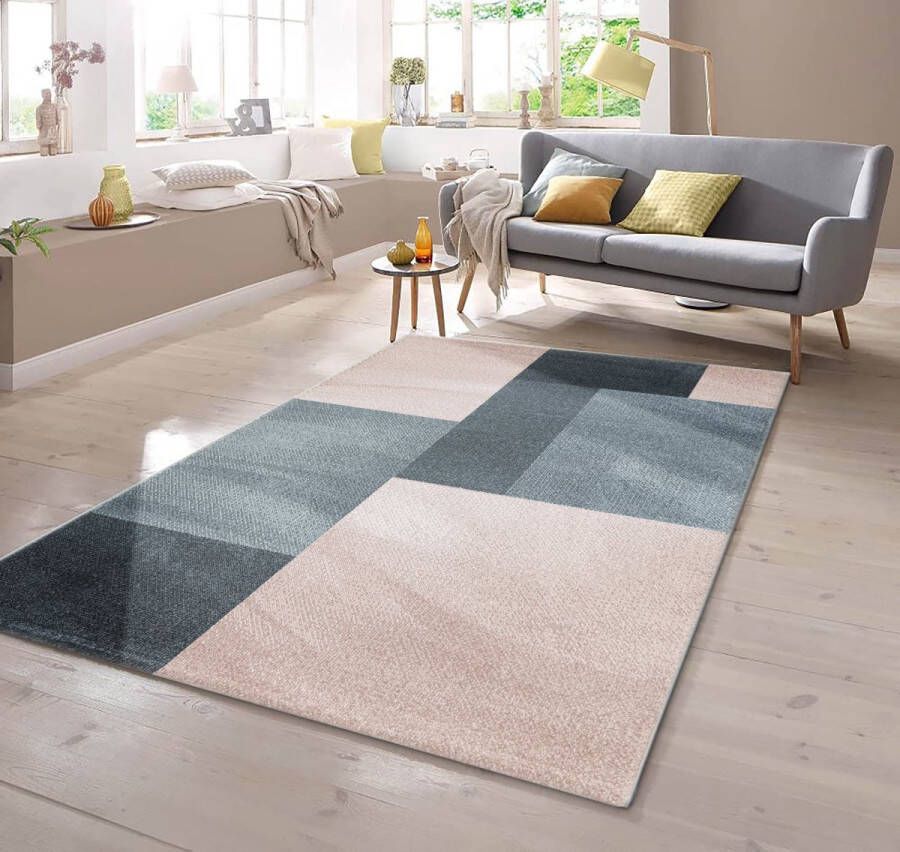 flycarpets Silas Vloerkleed Geblokt Laagpolig Roze Grijs 80x150 cm