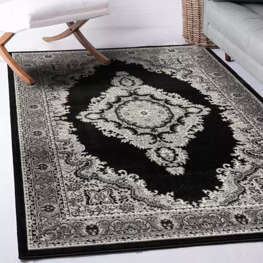 Flycarpets Klassiek Vloerkleed Skazar Zwart Grijs Oosters Motief Voor Binnen Perzisch Tapijt 200x290 cm