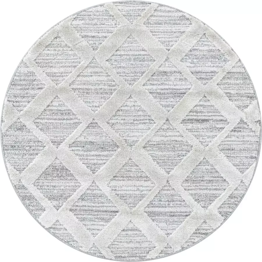 Flycarpets Sofia Rond Vloerkleed Geruit Crème Grijs Laagpolig Tapijt Woonkamer 120x120 cm