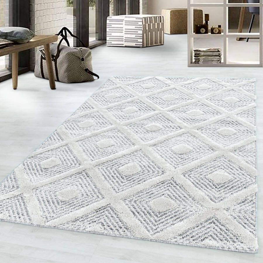 flycarpets Sofia Modern Vloerkleed Crème Grijs Geblokt Laagpolig 240x340 cm