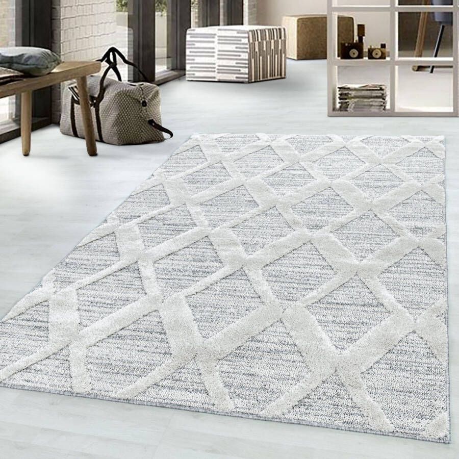 flycarpets Sofia Modern Vloerkleed Geruit Crème Grijs Laagpolig 280x370 cm