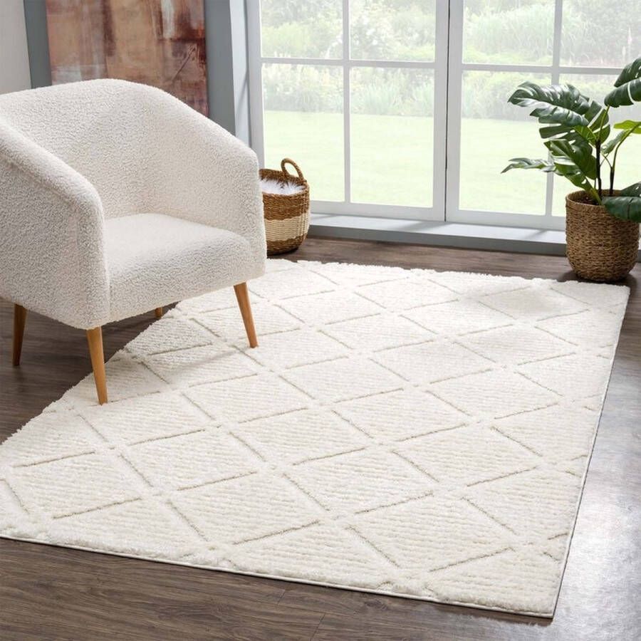 Flycarpets Solace Hoogpolig Geruit Vloerkleed Creme 140x200 cm
