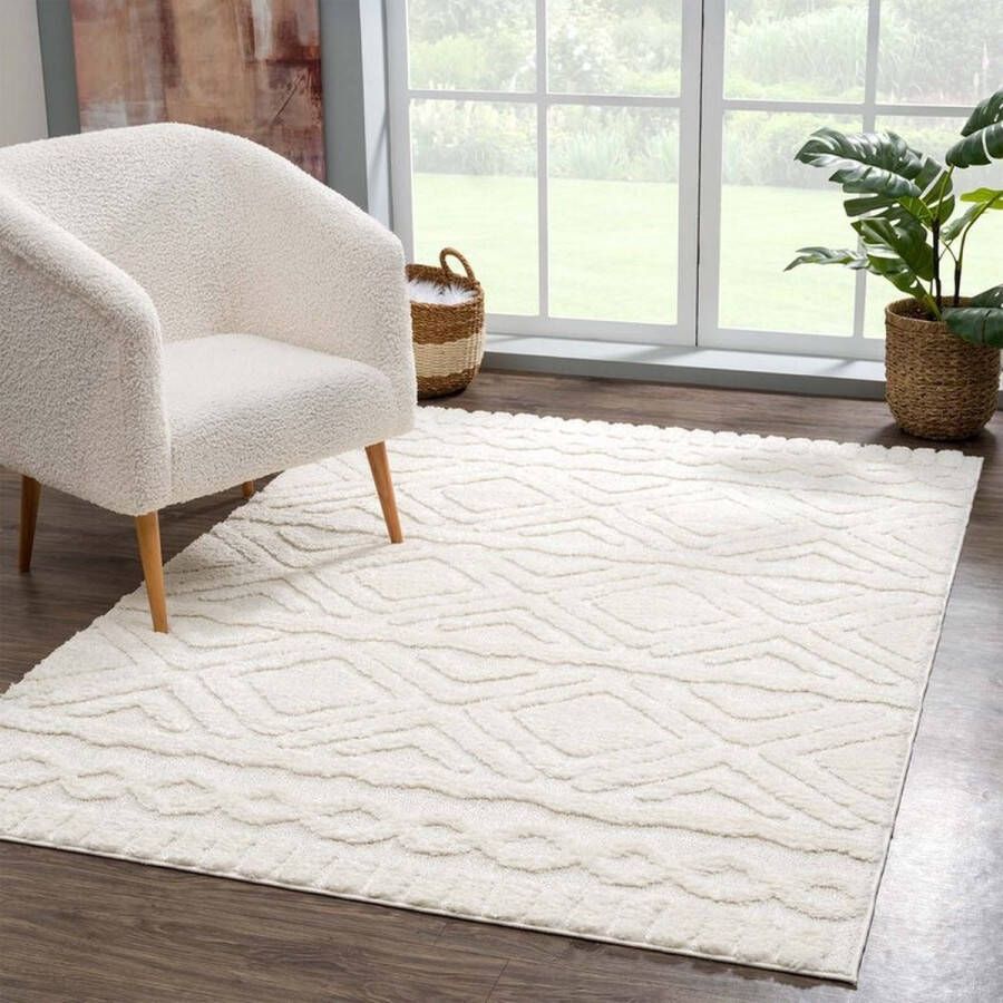 Flycarpets Solace Hoogpolig Geruit Vloerkleed Creme 80x300 cm