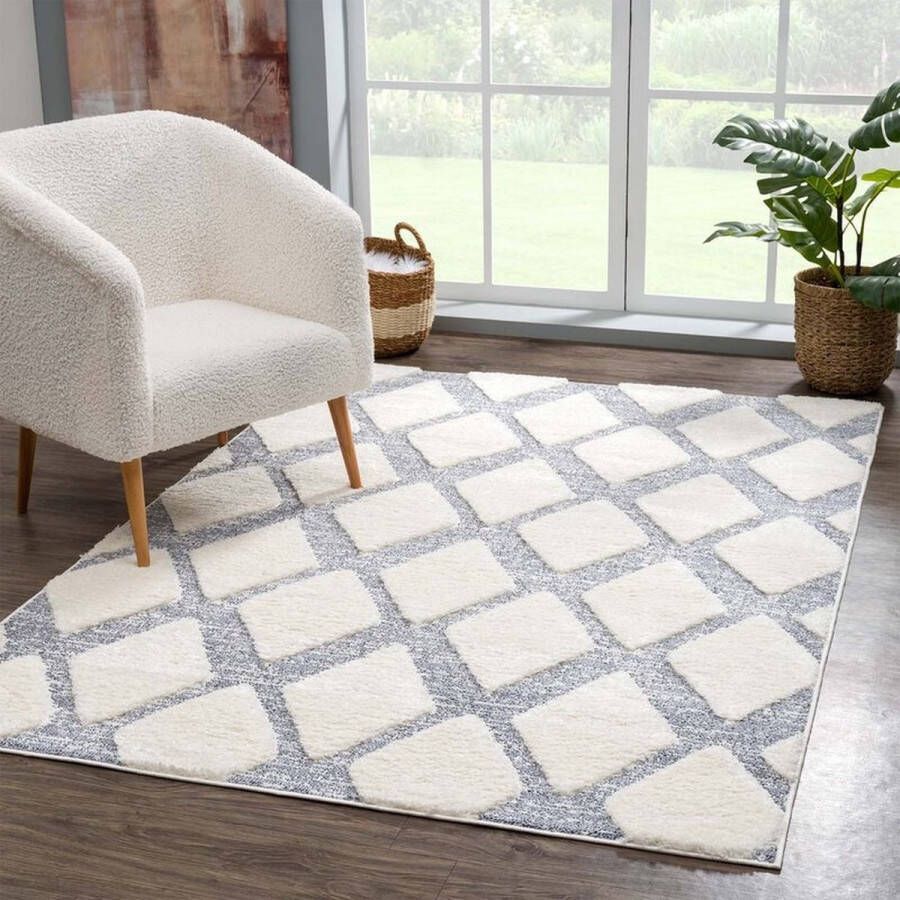 Flycarpets Solace Hoogpolig Geruit Vloerkleed Creme Grijs 200x290 cm