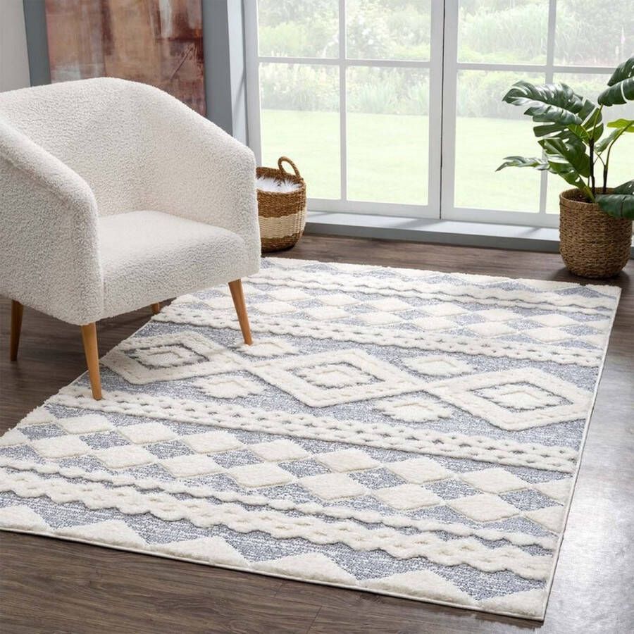 Flycarpets Solace Hoogpolig Geruit Vloerkleed Grijs 140x200 cm