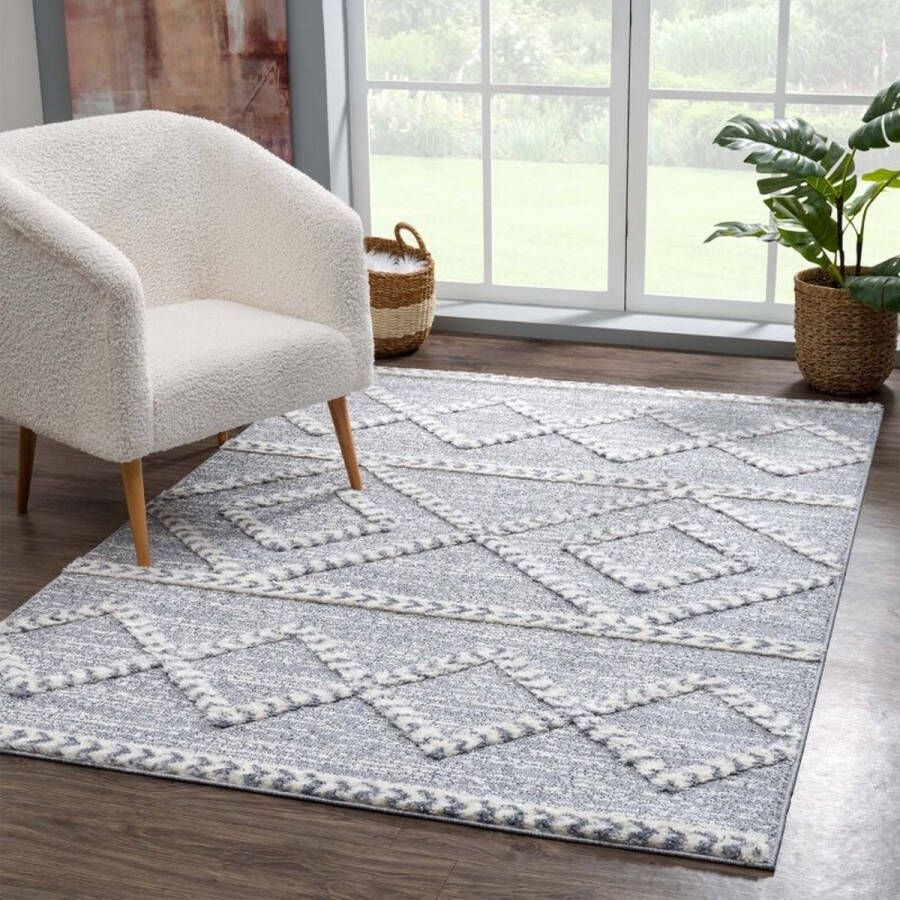 Flycarpets Solace Hoogpolig Geruit Vloerkleed Grijs 80x150 cm