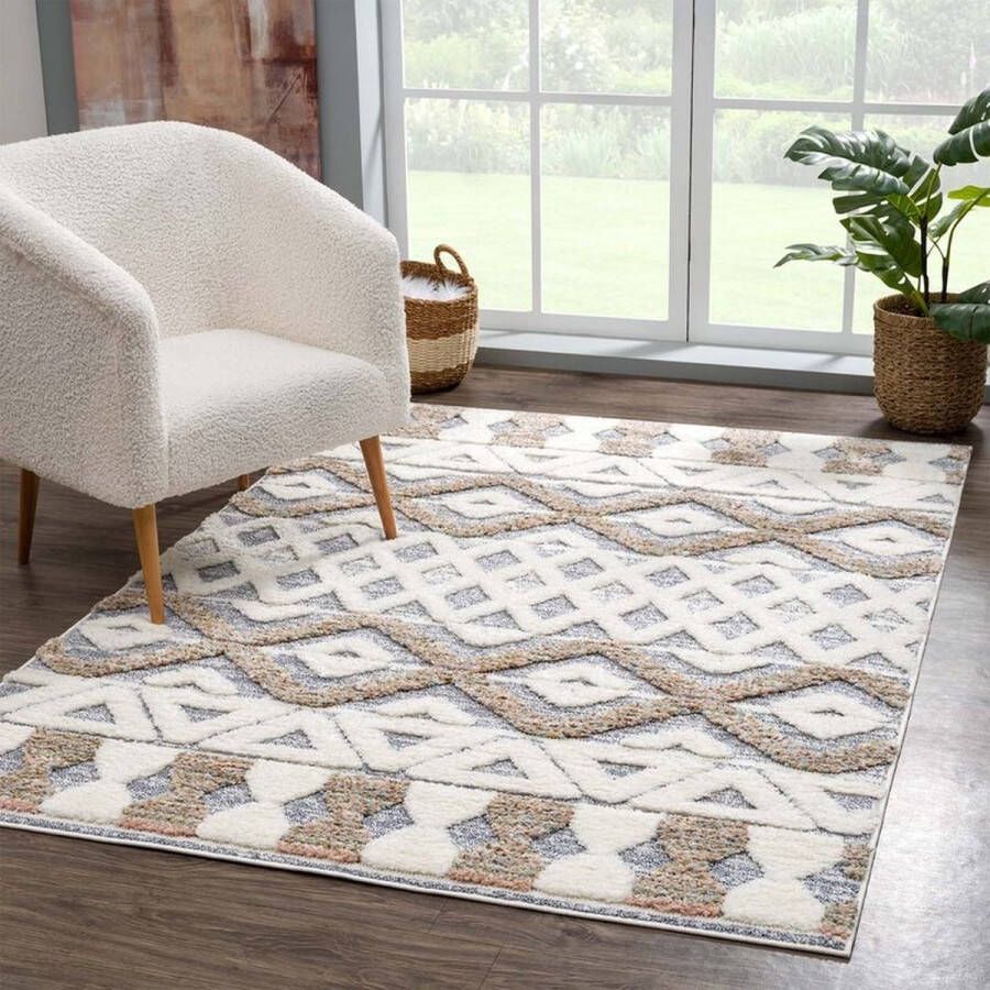 Flycarpets Solace Hoogpolig Geruit Vloerkleed Grijs Beige 140x200 cm