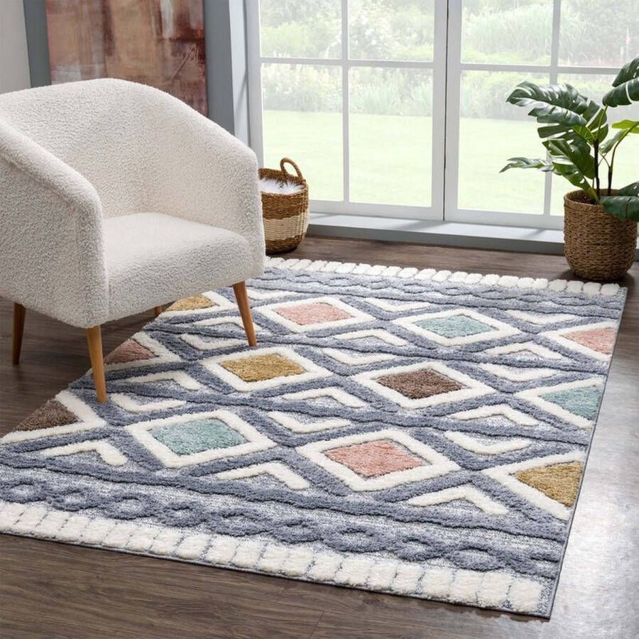 Flycarpets Solace Hoogpolig Geruit Vloerkleed Multi 140x200 cm