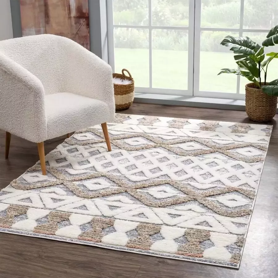 Flycarpets Solace Hoogpolig Geruit Vloerkleed Grijs Beige 120x120 cm - Foto 2