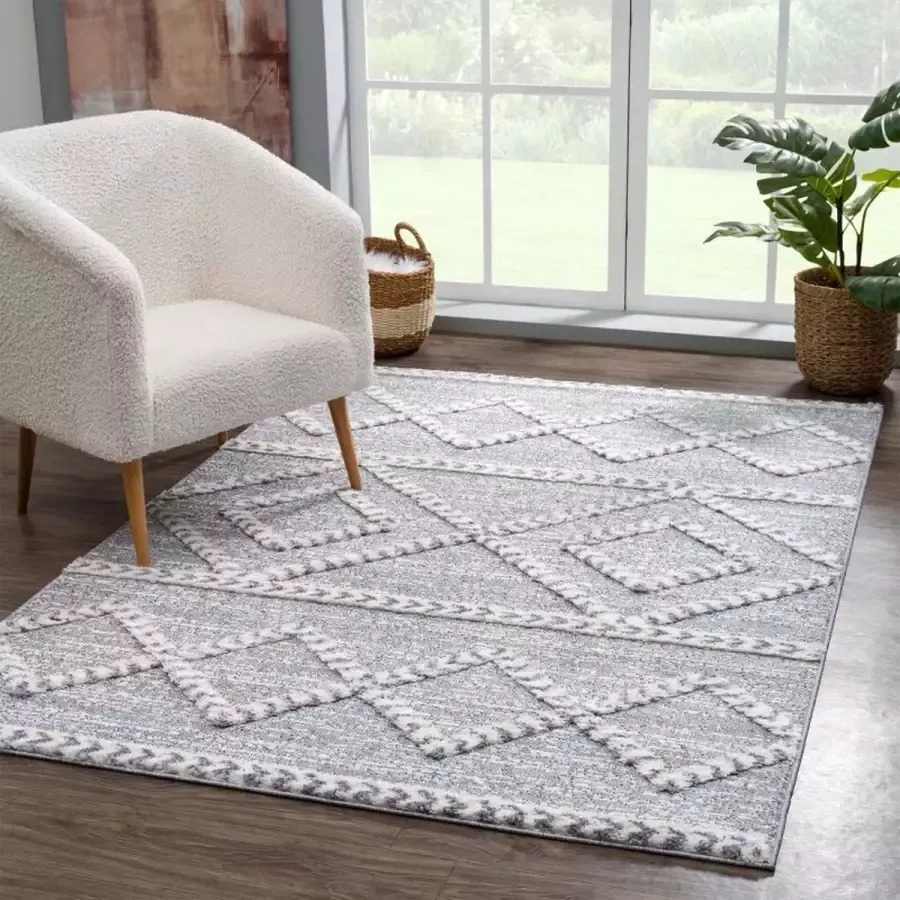 Flycarpets Solace Hoogpolig Geruit Vloerkleed Grijs 120x170 cm