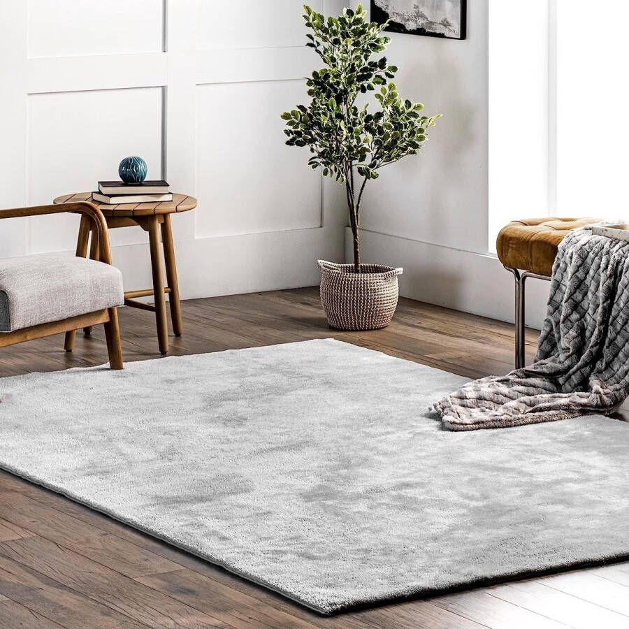 Flycarpets Solid Hoogpolig & Wasbaar Effen Vloerkleed Zilver Lichtgrijs 240x340 cm