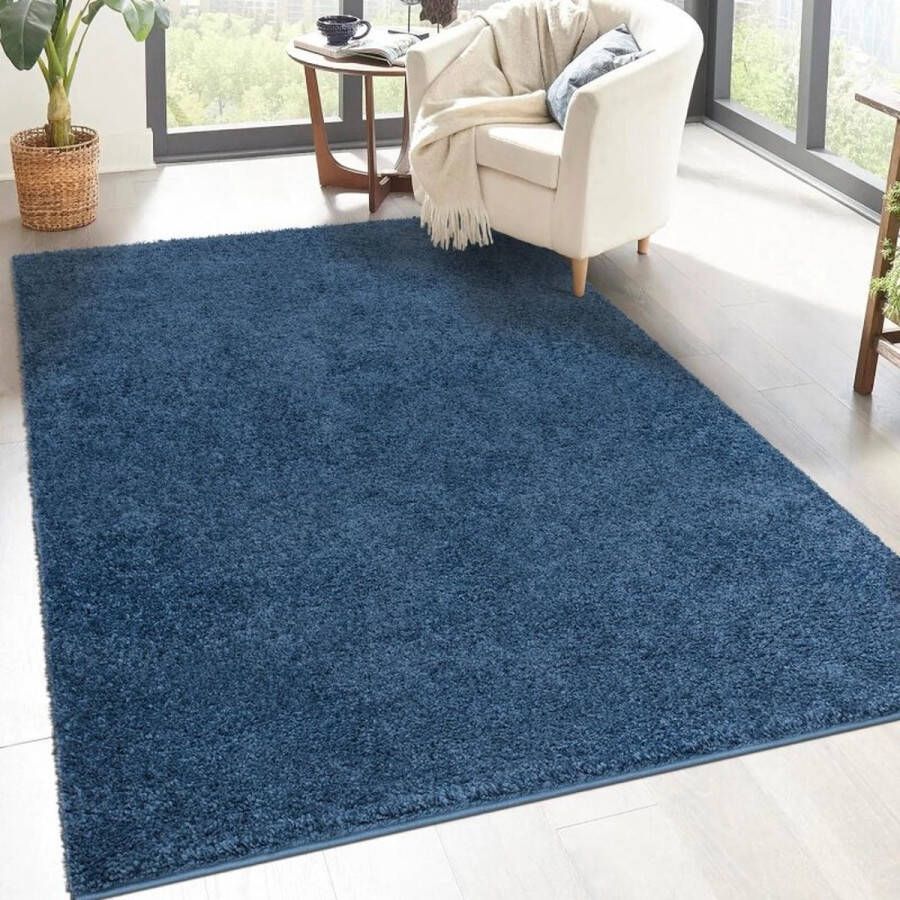 Flycarpets Solid Shaggy Hoogpolig Effen Vloerkleed Blauw 160x230 cm
