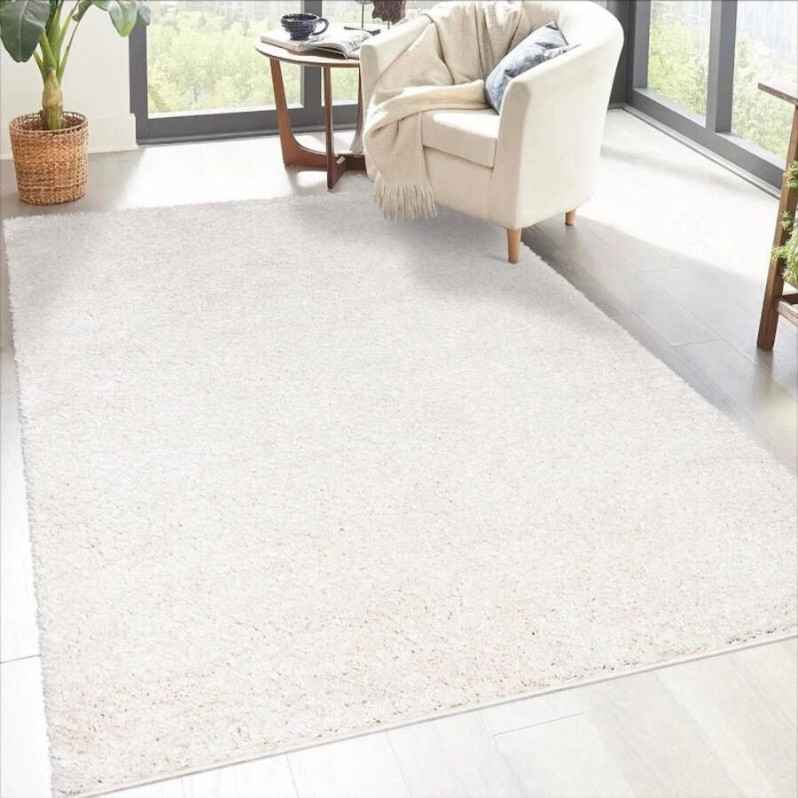 Flycarpets Solid Shaggy Hoogpolig Effen Vloerkleed Creme 80x300 cm - Foto 1