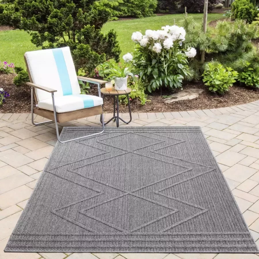 Flycarpets Tenedo Grijs Buitenkleed Vloerkleed Laagpolig Tuinkleed Tuintapijt Buitentapijt 160x230 cm