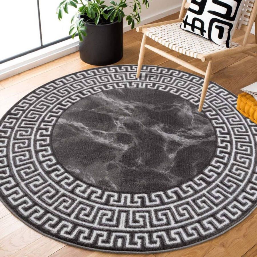 Flycarpets Tiberius Modern Marmer Design Vloerkleed Antraciet Grijs Laagpolig Loper 80x300 cm
