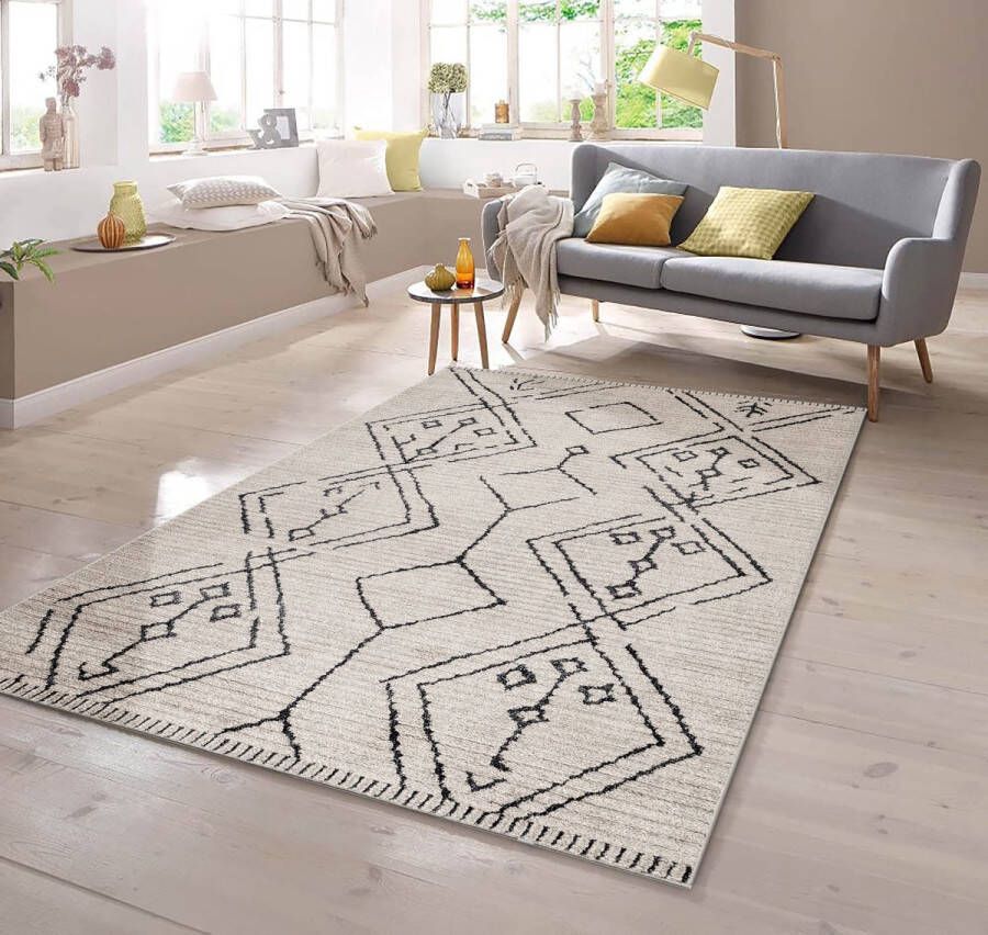 Flycarpets Trosa Beige Vloerkleed Boho Geruit Laagpolig 80x250 cm