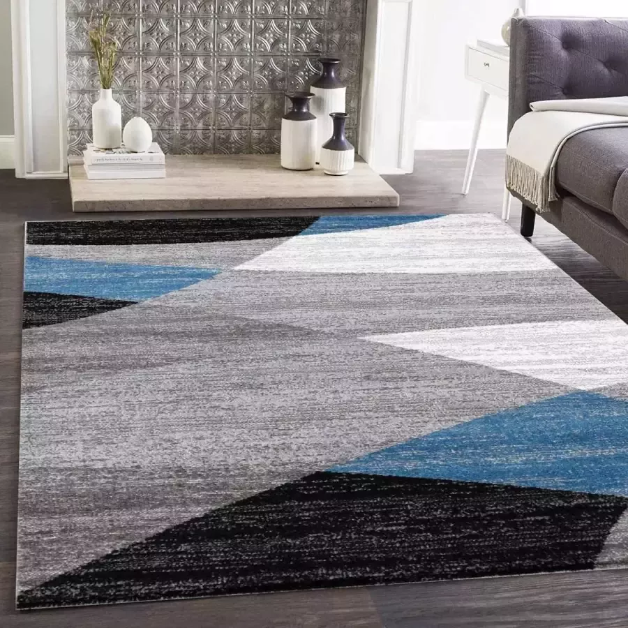 Flycarpets Verona Modern Vloerkleed Blauw Grijs Zwart Laagpolig Woonkamer 160x230 cm - Foto 2